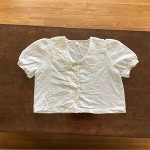 White Eyelet Collar Puff Sleeve Blouse - Women's